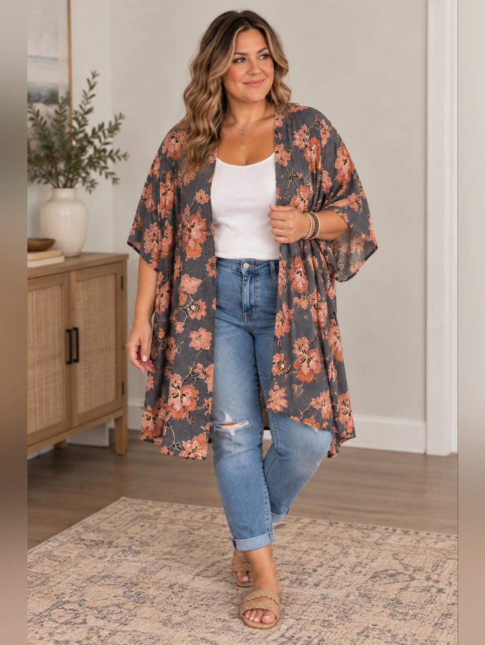 Maurices L/XL Floral Kimono Open Front Boho Lightweight Duster Cardigan